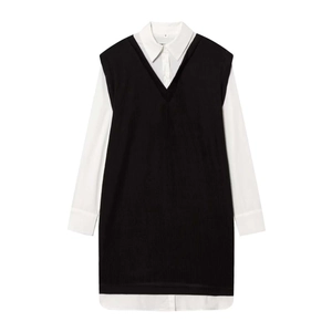 Femmes Minimaliste Manches Longues Épissage Mini Robe Faux Deux-Pièces Tricot Gilet Popeline Chemise Robe Commute Preppy Tenue