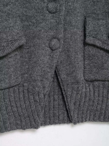 Detail of grey knitted cardigan showing fabric buttons and textured flap pockets