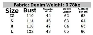Detailed size chart for denim jacket showing chest, shoulder, sleeve and length measurements