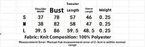 Size chart table for V-neck striped knit sweater showing S, M, L measurements in centimeters