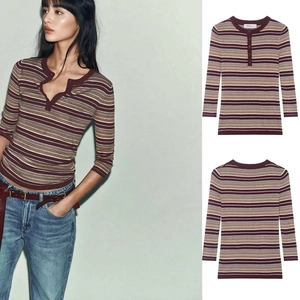 Detail view of the V-neck Henley collar and striped knit texture on a slim fit cardigan