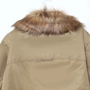 Detailed back view of khaki bomber jacket featuring a plush faux fur collar and seam details