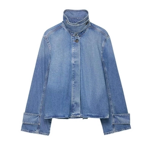 Short washed blue denim jacket with unique high neck design and wide cuffs