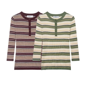 Classic V-neck ribbed knit sweaters with retro striped patterns and three-button henley collars