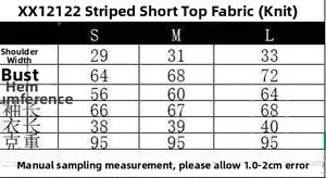 Detailed size chart for striped long sleeve crop top including S M L measurements