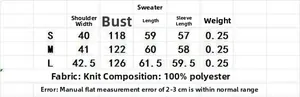 Detailed size chart for women's striped knit sweater including S, M, L measurements