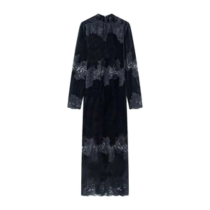 Women Velvet Dress Lace Trim Long Sleeve Stand Collar Slim Fit Elegant Maxi Gown Black