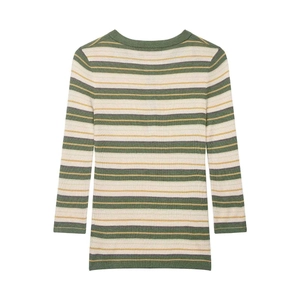 Close-up of color-block striped knit fabric with green and ginger yellow patterns