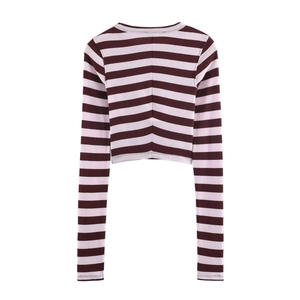 Slim fit long sleeve cropped t-shirt with burgundy and lilac horizontal stripes