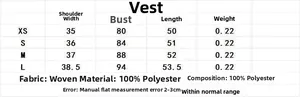 Size guide table for women's faux leather vest including bust and shoulder measurements