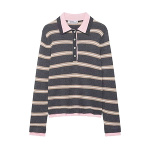 Women's long sleeve polo knit sweater with grey white stripes and pink contrast trim