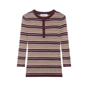 Women's long sleeve V-neck striped knit Henley shirt with buttons and multicolor pattern
