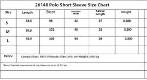 Size chart for women short sleeve polo shirt with bust and length measurements in cm