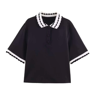 Women Contrast Color Polo Shirt Scalloped Trim Short Sleeve Casual Retro Black White Button Front Top For Daily Office