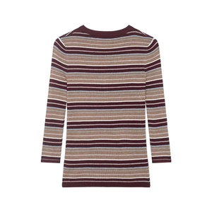 Close-up of multi-colored striped knit top with red, beige, and blue horizontal patterns