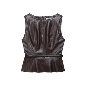 Dark brown sleeveless faux leather top with belted waist and peplum hem on white background