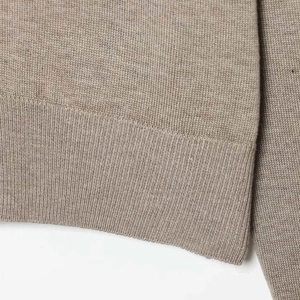 Oatmeal knit cardigan for women with classic crew neck and ribbed trim detailing