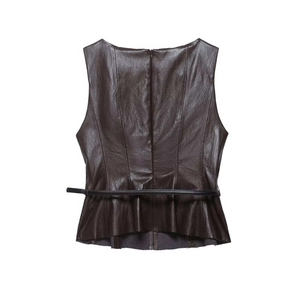Dark brown sleeveless faux leather peplum top with waist belt on white background