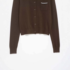 Minimalist dark brown crew neck knit cardigan with chest pocket and front buttons