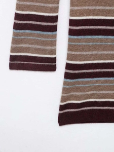 Detailed close-up of the striped knit sweater showing precise stitching and multi-color texture