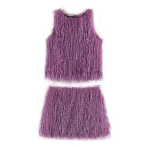Top Sin Mangas De Pelo Sintético Morado Y Falda Ajustada Mujer Moda Peluche Ropa De Fiesta