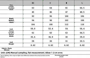 Detailed size chart for women's blazer set with measurements in CM for sizes XS to L