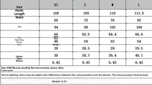 Detailed size guide table for women's high-waist straight-leg trousers in CM with XS to L info