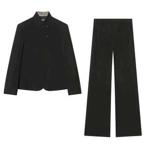 Women Elegant Standing Collar Asymmetric Blazer High Waist Wide Leg Pants Top And Bottom Commuter Office Lady Outfits