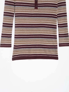 Close-up of Henley V-neck with buttons and multi-color striped knit texture on the sweater