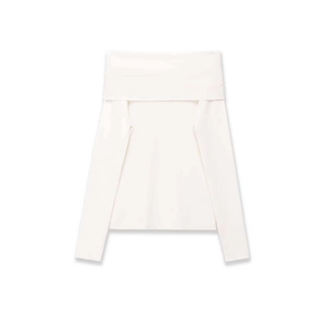 Detail view of cream long sleeve knit top featuring a stylish twist fold-over neckline