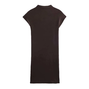 Minimalist chocolate brown sleeveless mini dress with chic high neck and fitted silhouette