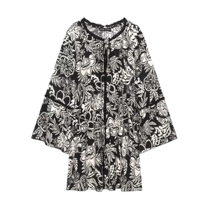 Abito Bohemien con Stampa Floreale Bianca e Nera Maniche a Campana Mini Abito Scollo a V Laccetto Balze Donna Tunica Vacanza