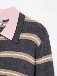 Detailed close-up of striped knit polo neck with high-quality fabric texture and collar design