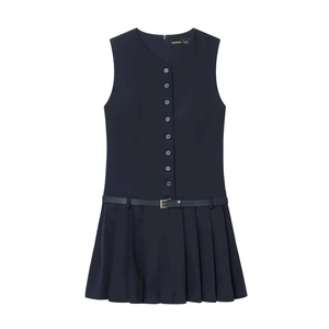 Women Elegant Sleeveless Pleated Midi Dress With Belt Slim Fit V Neck Button Down Solid Color Summer Office Party Dress