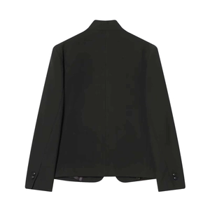 Minimalist black stand collar blazer jacket with sleek back view and tailored shoulders