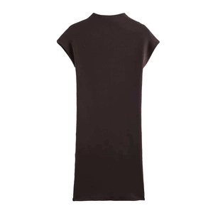 Detail view of the back of a minimalist dark coffee sleeveless knit dress with high collar