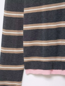 Detail of striped knit sweater showing grey, khaki stripes and pink ribbed hem contrast