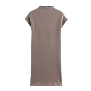 Taupe mock neck short sleeve mini dress with a minimalist straight-cut design