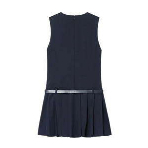 Navy blue sleeveless pleated dress for girls featuring a back zipper and thin belt