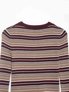 Detail of the crew neck and tight knit texture on this striped vintage style sweater