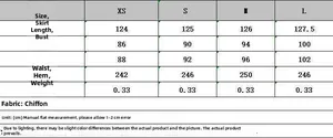Size chart showing dress length and bust measurements for paisley lace maxi dress