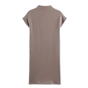 Rear view of a taupe knit dress featuring a mock neck design and straight silhouette