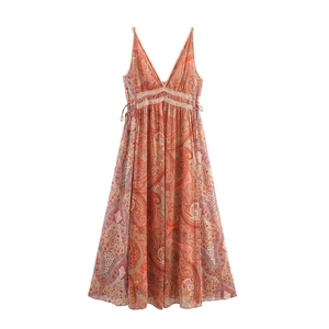 Women's Bohemian Paisley Printed V-Neck Lace Patchwork Cami Dress Elegant Summer High Waist Flowy Sleeveless Midi Dress