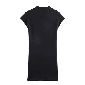 Minimalist black sleeveless mock neck knit dress with a clean white background