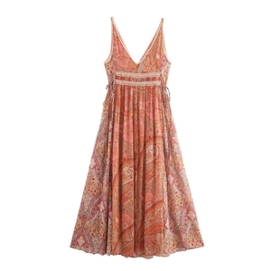 Bohemian paisley print maxi dress with deep V-neck and delicate lace waist details