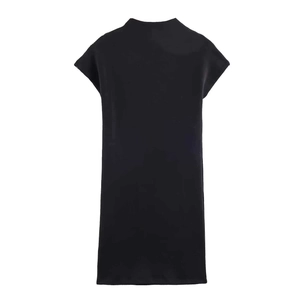 Flat lay of a minimalist black sleeveless mock neck mini dress with straight cut design