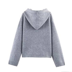 Graue Strickjacke mit Kapuze für Damen mit gerippten Bündchen und Sternmuster Rückansicht