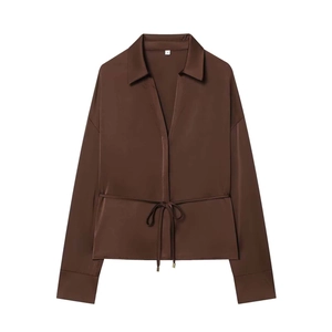 Elegant Women's Dark Brown Satin Long Sleeve Shirt With Waist Belt Solid Color V-Neck Silk-Look Blouse For Office Daily