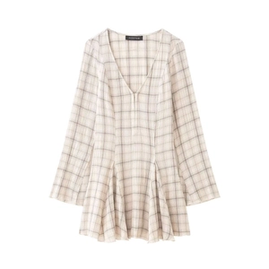 Mini Robe Vintage à Carreaux pour Femmes Col en V Élégante Manches Longues Taille Haute Ourlet à Volants Polyester Robe Courte