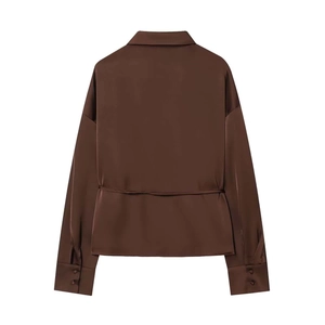 Deep brown long sleeve satin shirt for women featuring a back waist drawstring and silky texture